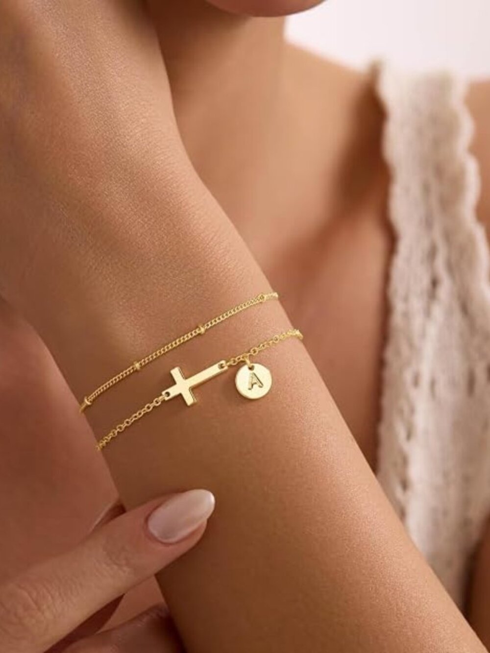 Initial Cross Bracelet for Women Teen Girls, Letter A-Z Bracelet